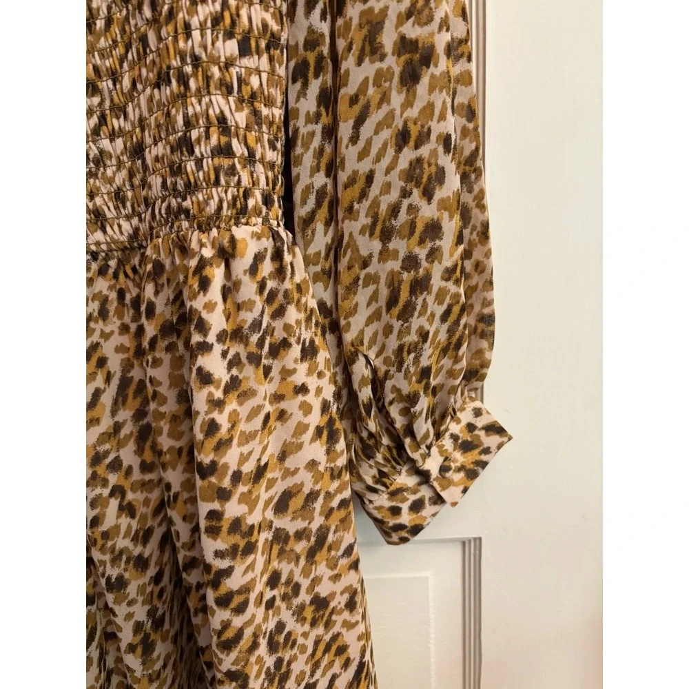 Ann Taylor Women's Tan Animal Print Smocked Fit & Flare Midi Dress‎ Size 6T New